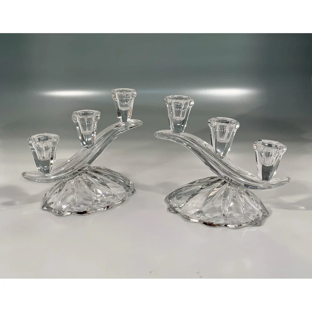 Set of 2 Anna Hutte Bleikristall 3-Light Candlesticks Cascading Glass Waves